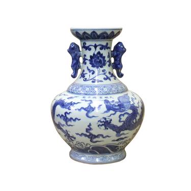 Chinese Blue White Porcelain Oriental Dragons Scenery Graphic Vase cs4332E 