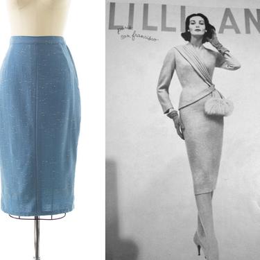 Vintage 1950s Pencil Skirt | 50s LILLI ANN Flecked Wool Light Blue High Waisted Secretary Work Skirt (x-small) 