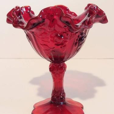 Vintage Fenton Art Glass Ruby Red Rose Floral Ruffled Compote Dish Medium Candy Bowl 7&quot; 