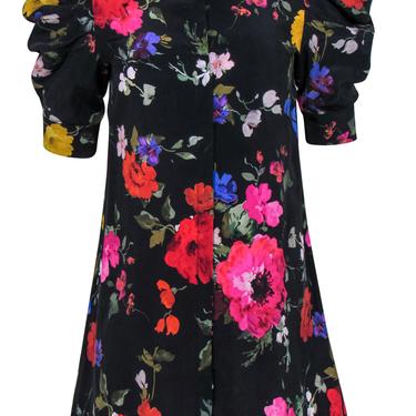 Alice & Olivia - Black & Multicolor Floral Print Puff Sleeve Button-Up Dress Sz XS