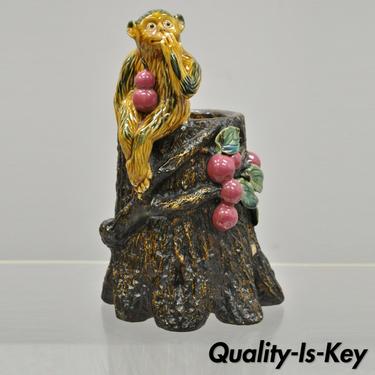 Vintage Glazed Pottery Majolica Vase of Monkey with Pink Fruit on Tree