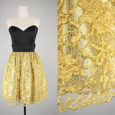 Vintage Metallic Gold Lace and Satin Strapless Party Dress 