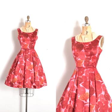 Vintage 1950s Dress / 50s Abstract Floral Silk Party Dress / Red Burgundy Pink ( XS extra small ) 