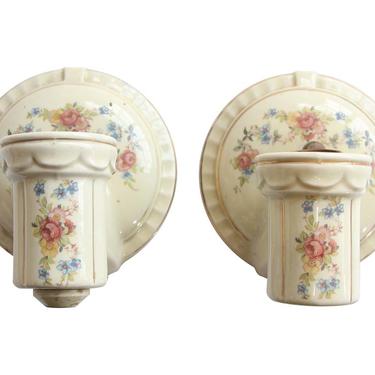 Pair of Vintage White Ceramic Floral Bathroom Wall Sconces
