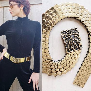 1960s Gold Fishscale Elastic Belt / 60s 70s Glam Rock Belt Metallic Dragon Scale Large Hammered Buckle Stretchy / Beulah / M to L 