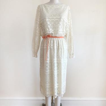 Cream/Ivory Lace Midi-Dress with Coral Velvet Ribbon Belt - 1970s 