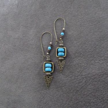 Long turquoise earrings, bohemian boho chic earrings, animal print earrings, bold statement earrings, unique artisan earrings, bronze 