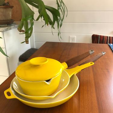 1960s Danish enamel cast iron cookware Michael Lax Copco Scandinavian yellow teak 