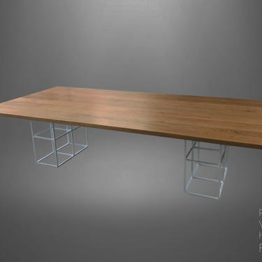 Modern Communal Dining Table with Solid White Oak Top and White Welded Steel Base 