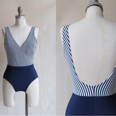 Vintage 80s Backless Striped Swimsuit/ 1980s Navy Blue White Deep V Neck One Piece Bathing Suit/ Size Medium 