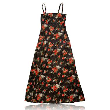 80s Black Floral Maxi Dress //  Spaghetti Straps // Size 8 