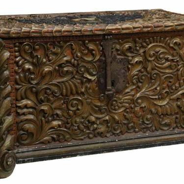 Antique Trunk, Chest, Heavily Carved Italian Polychrome Walnut, 18th / 19th C.!
