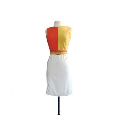 Vintage 50s color block linen wiggle dress| mustard yellow coral and cream| Kay Windsor Juniors| XXS 