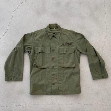 Vintage 40s Green Herringbone Twill Cotton Shirt USMC Jacket | M | Herringbone Twill Jacket Army OD 