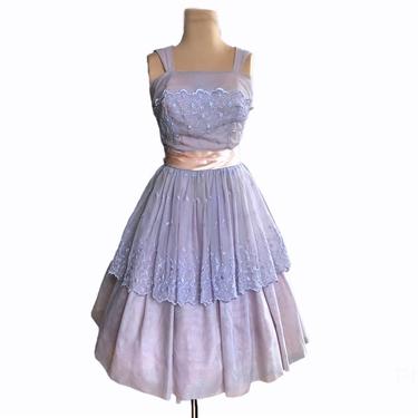 Vintage 50s lavender chiffon embroidered cupcake dress with silk sash waist and oversized bow 