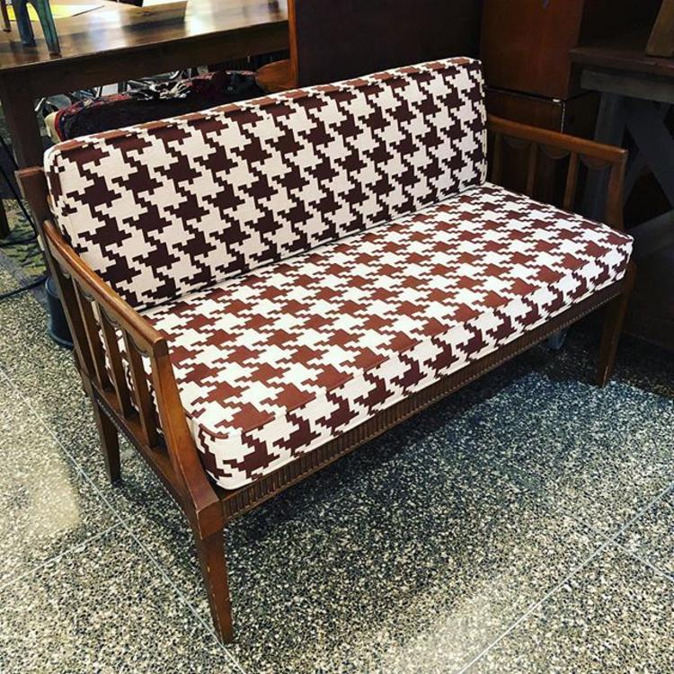                   Awesome Danish style bench with fun graphic houndstooth cushions