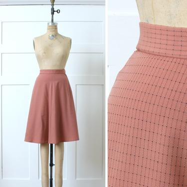 vintage 1950s pink &amp; black skirt • cute lightweight wool flared skirt with flecked plaid print 