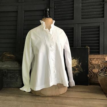 French White Cotton Chemise Blouse, Chemisier, Ruffle Collar, Floral Embroidery, Monogram, French Farmhouse 