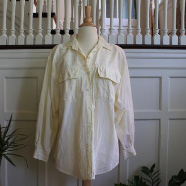 Vintage 80s Pale Yellow Textured Stripe Cotton Button Down Shirt Unisex Size M L 