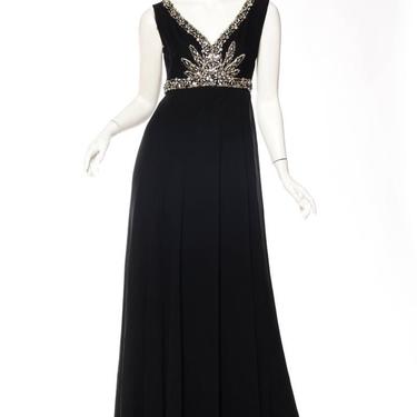 1970S Rety Of Paris Black Haute Couture Silk Chiffon Crystal Beaded Empire Waist Gown 