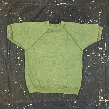 Size S / M Vintage 1960s Creslan and Cotton Forest Green Raglan Short Sleeve Sweatshirt 
