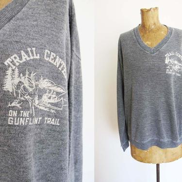 Vintage 50s Gunflint Gray Sweatshirt M L - 1950s Creslan Rayon Heather Gray V Neck Pullover Jumper - Vintage Camp Outdoors Sweatshirt - 