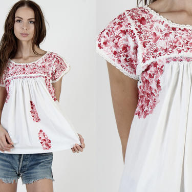 Womens Soft White Cotton Red Embroidered Oaxacan Tunic Top 