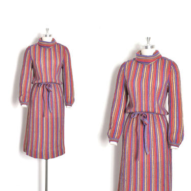 Vintage 1980s Dress / 80s Striped Knit Turtleneck Dress / Purple Orange ( medium M ) 