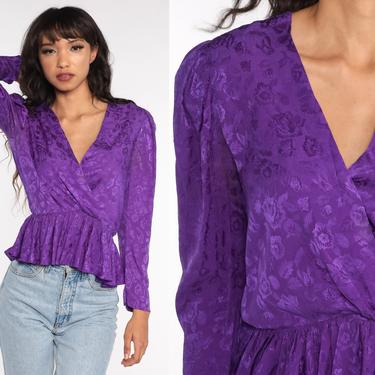 Purple Silk Blouse Oscar De La Renta Shirt V Neck Blouse 80s Wrap Shirt Embossed Floral Deep V Neckline 1980s Long Sleeve Vintage Small 