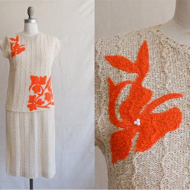 Vintage 60s Crochet Two Piece Set/ 1960s Beige and Orange Embroidered Knit Skirt Set/ Size Medium 