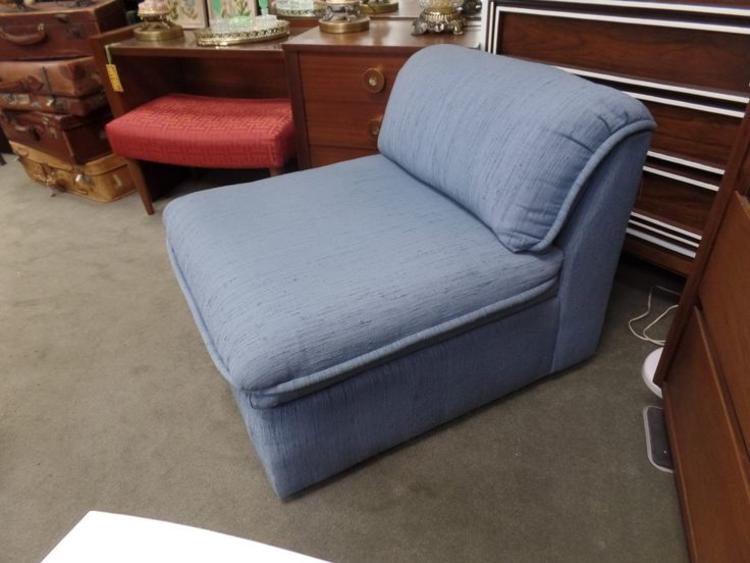 Vintage slipper chair with blue faux silk fabric