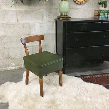 LOCAL PICKUP ONLY Vintage Stool Retro 1970s Colonial Style Sewing Storage Stool with Spindle Wood Legs and Back + Green Vinyl Storage Seat 