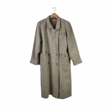 Vintage 80's Brown and Cream Long Wool Tweed Herringbone Coat, Size 10 