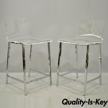 Pair Contemporary Modern Lucite Acrylic &amp; Chrome Modern Counter Stools