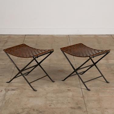Pair of Woven Leather Folding Stools