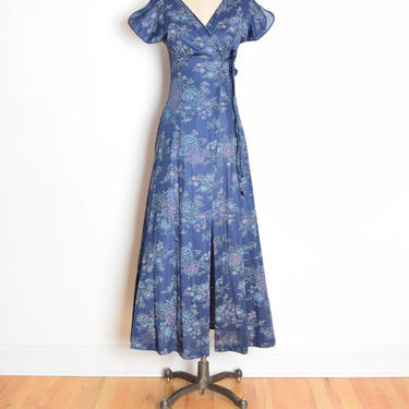 vintage 70s wrap dress bed jacket navy blue floral print maxi hippie boho XS S clothing 