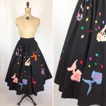 RARE Vintage 50s circle skirt | Vintage embroidered fish print circle skirt | 1950s Tachi Castillo  full circle skirt 