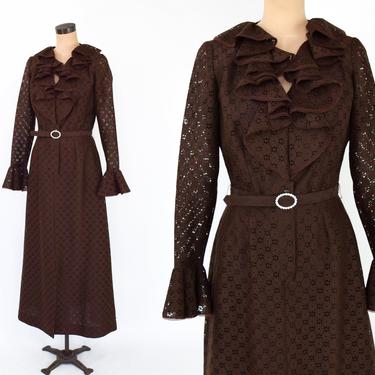 70s Brown Lace Evening Dress | Brown Eyelet Lace Maxi Dress | I. Magnin 