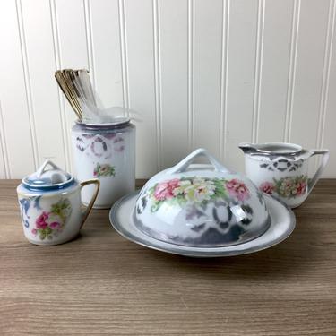 German china with floral decals and airbrushed design - 4 pieces - vintage tableware 