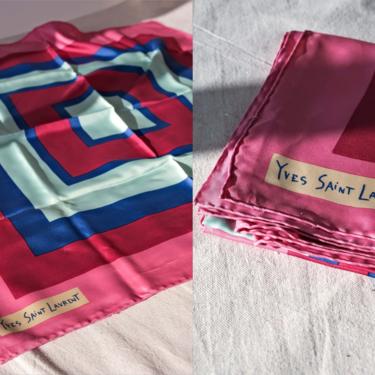 Vintage 80s Yves Saint Laurent Pink & Blue Square Pattern Hand Rolled Scarf | 100% Silk | 34 X 33 | 1980s YSL Designer Scarf 