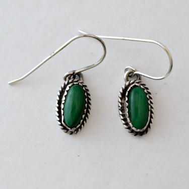 70's Shawn Nelson sterling malachite simple tribal dangles, small 925 silver unpolished green cabs Navajo Southwestern earrings, signed SN. 