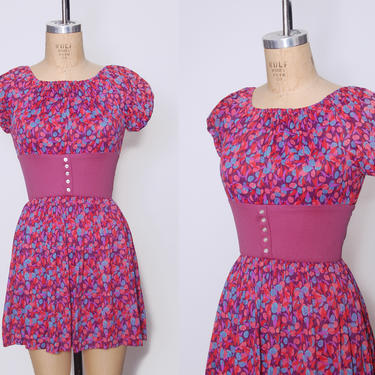 Vintage 1960s fuchsia floral mini dress / empire waist puff sleeve mod dress / printed hippie dress / scooter dress 