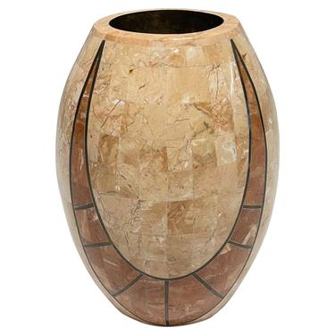 Post-Modern Tessellated Marble and Travertine Egg Shaped Pillar Candle Holder