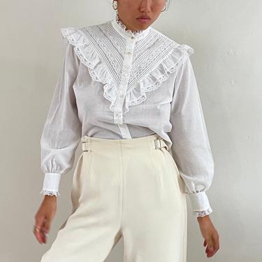 70s Victorian blouse / vintage white cotton lace ruffled yoke high collar puff sleeve prairie blouse | S M 
