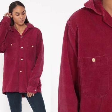 70s Corduroy Shirt Soft BURGUNDY Shirt Campus Button Up Red Shirt Oxford Top Over Shirt 1970s Vintage Long Sleeve Oversized Medium 