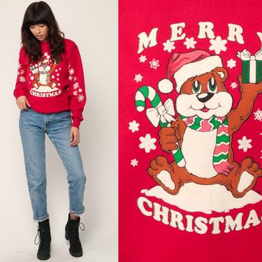 UGLY Christmas Sweater MERRY CHRISTMAS Sweatshirt Teddy Bear Shirt 80s Jumper Snowflake 1980s Xmas Vintage Teddybear Red Medium 