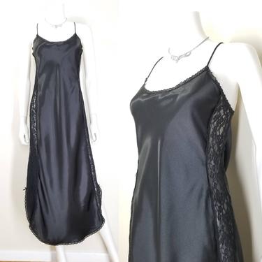 Vintage Black Satin Nightgown, Medium / Silky Lace Side Bias Cut Nightgown Lingerie / Black Liquid Satin Slip Dress Spaghetti Strap Dress 