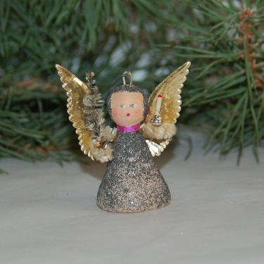 1920's Wood Glittered Angle w/ a Hand Painted Face, Pipe Cleaner Arms, Pipe Cleaner Christmas Tree Gold Foiled Paper Wings Holding a Candle 