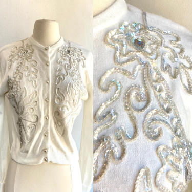 Vintage 50's 60's ABSTRACT Sequined CARDIGAN Sweater / WHITE Sequins + Silver / Pearl Buttons 