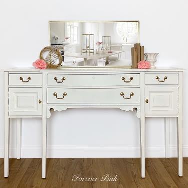 White Distressed Solid Wood Buffet, Painted Sideboard, TV Console, Shabby Chic Credenza 